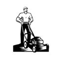 Gardener or Groundskeeper With Lawn Mower Mowing Woodcut Retro Royalty Free Stock Photo