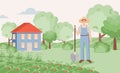 Gardener growing carrot in garden vector flat illustration. Man with shovel standing on the farm. Royalty Free Stock Photo