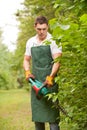 Gardener with hedge trimmer