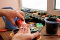 Gardener holds sachet with seeds of pepper in his hand for sowing in containers. Closeup.