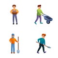 Gardener icons set cartoon vector. Male character with garden tool