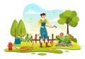 Gardener Illustration with Garden Tools, Farming, Grows Vegetables in Botanical Summer Gardening Flat Cartoon Hand Drawn Royalty Free Stock Photo