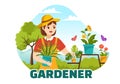 Gardener Illustration with Garden Tools, Farming, Grows Vegetables in Botanical Summer Gardening Flat Cartoon Hand Drawn Royalty Free Stock Photo