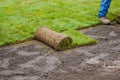 Gardener installing natural grass turf professional installer beautiful lawn field