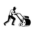 Gardener Landscaper Groundsman or Groundskeeper Pushing Lawn Roller Woodcut Black and White