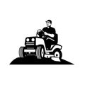 Gardener Landscaper Groundsman Groundskeeper Riding Ride-on Lawn Mower Retro Black and White Royalty Free Stock Photo
