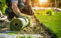 Gardener Laying Sod for New Lawn. Generative ai Royalty Free Stock Photo