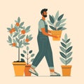 Gardener Man Carrying Plant in Pot