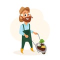 Gardener Man Holding Gardening Wheel Barrow With Flower Pots. Happy Farmer Cartoon Character Design. Isolated Vector