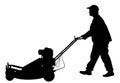 Gardener man mowing lawn mower silhouette. Royalty Free Stock Photo