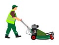 Gardener man mowing lawn mower vector. Farmer with agricultural machinery. Royalty Free Stock Photo