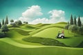 Gardener Mowing Beautiful Lawn on Summer Golf Course: Abstract Art Illustration Generated by AI