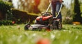 Gardener Mowing Grass Cutting Lawn Mower Lawnmower Royalty Free Stock Photo