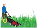 Gardener mowing grass