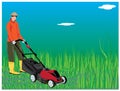 Gardener mowing grass