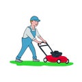 Gardener Mowing Lawn Cartoon Royalty Free Stock Photo