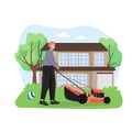 Gardener mowing the lawn, cutting grass with lawn mower, flat vector illustration. Gardening, home improvement services. Royalty Free Stock Photo