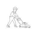 Gardener Mowing Lawn With Lawnmower Side View Black and White Cartoon