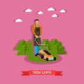 Gardener mowing the lawn with mower, flat design