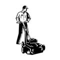 Gardener Mowing With Lawnmower Front View Woodcut Black and White Royalty Free Stock Photo