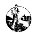 Gardener Mowing With Lawnmower and House Circle Woodcut Black and White Royalty Free Stock Photo