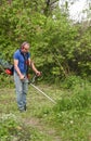 The gardener mows weeds. Process of lawn trimming with hand mower. Royalty Free Stock Photo