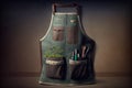 Gardener nursery apron. Apron over dark background with tools in pocket. Professional nursery concept.