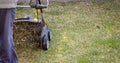 Gardener Operating Soil Aeration Machine on Grass Lawn Royalty Free Stock Photo