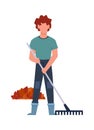 Gardener performs seasonal work. Male character collects leaves in bunch with rake, autumn garden work, cartoon flat