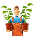 Gardener with plant in flowerpot