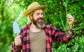 Gardener planting flowers with trowel. cultivation. Farmer planting seedling in organic garden. happy man. people in Royalty Free Stock Photo