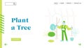 Gardener Planting Tree to Ground in Warm House Landing Page Template. Farmer Man Character Working in Garden