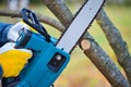 A gardener pruns trees with a lightweight cordless chain saw. Work in the autumn garden Royalty Free Stock Photo