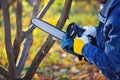 A gardener pruns trees with a lightweight cordless chain saw. Work in the autumn garden Royalty Free Stock Photo