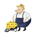 Gardener pushing a wheelbarrow with full of sunflowers isolated on white background, Hand drawn illustration.