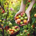 Gardener\'s hands picking up burnt fruit