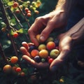 Gardener\'s hands picking up burnt fruit