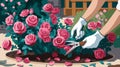 Gardener\'s hands pruning a rose bush. Royalty Free Stock Photo