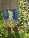 Gardener`s legs on the background of the strawberry plants. Cropped image of a man in the apron which is standing at the