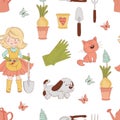 GARDENER Spring Work Seamless Pattern Vector Illustration