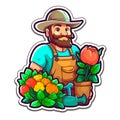 Gardener takes care of her flowers. Gardening work, maintenance of greenery and parks. Cartoon vector illustration. label, sticker Royalty Free Stock Photo