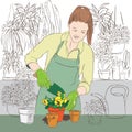 Gardener takes care of potted flowers. Royalty Free Stock Photo