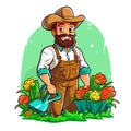 A gardener tends flowers and plants in the garden. Gardening work, maintenance of greenery and parks. Cartoon vector illustration Royalty Free Stock Photo