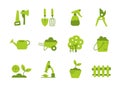 Gardener tools icon set. Horticulturist plant growing and care equipment. Vector flat. Green color.