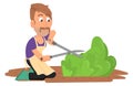 Gardener trimming green bush. Cartoon farmer with scissors