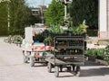 Gardener van in park trassporting flowers