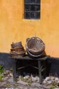 Gardener vintage baskets at an romantic old rural farm house - retro still life