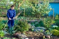 Gardener watering flowers