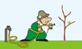 Gardener and watering hose, funny vector illustration