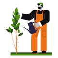 Gardener watering tree, gardening and planting, isolated character Royalty Free Stock Photo